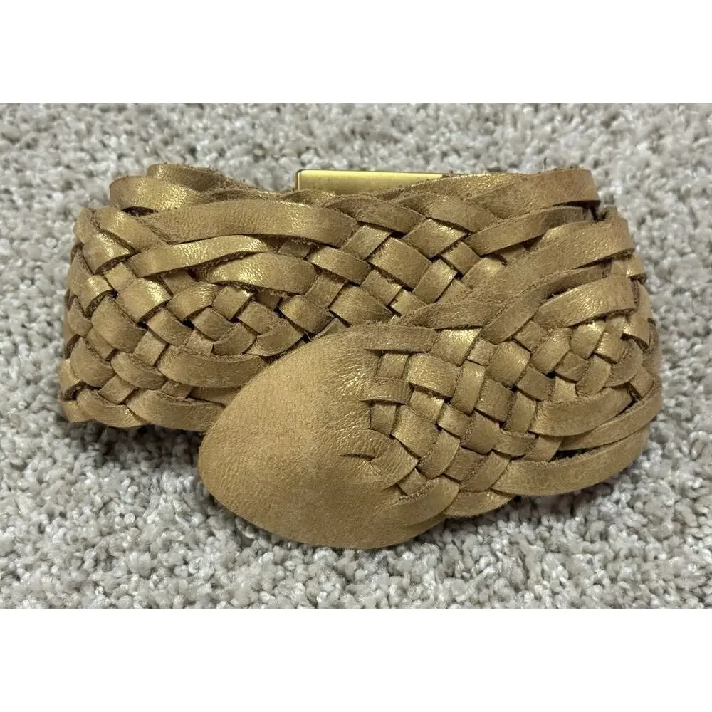Caché Made in USA Braided Soft Leather Wide Statement Metallic Gold Belt Sz S